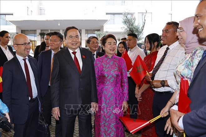 越南驻摩洛哥大使馆工作人员和旅摩越侨代表来到机场迎接陈青敏和夫人一行。图自越通社 tran-thanh-man-2.jpg