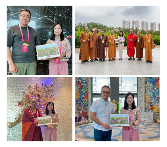 画家金德向来自印度、护送释迦牟尼佛舍利到越南的Sumiththananda Thera法师赠送《莲花净境》画作。 lien-hoa-tinh-canh-1.jpg
