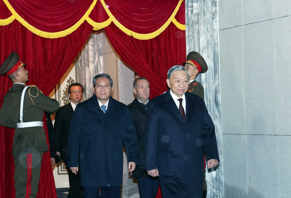 越共中央总书记苏林与各国领导人一同出席朝鲜劳动党成立80周年阅兵仪式。图自越通社