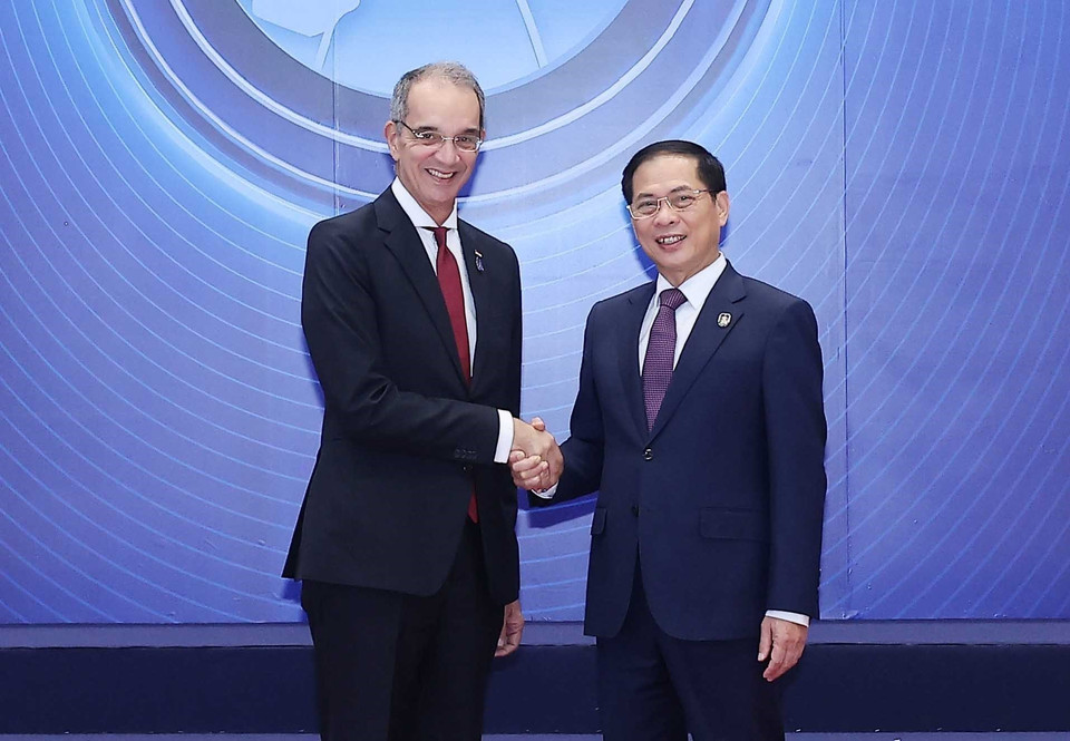 越南政府副总理裴青山于10月25日上午在河内国家会议中心迎接出席《河内公约》开放签署仪式的各国代表团团长。图自越通社