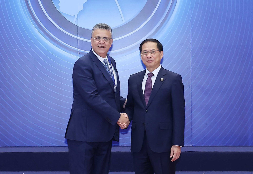 越南政府副总理裴青山于10月25日上午在河内国家会议中心迎接出席《河内公约》开放签署仪式的各国代表团团长。图自越通社