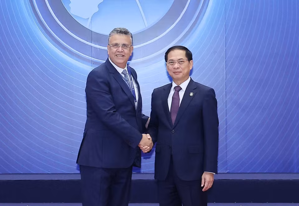 越南政府副总理裴青山于10月25日上午在河内国家会议中心迎接出席《河内公约》开放签署仪式的各国代表团团长。图自越通社