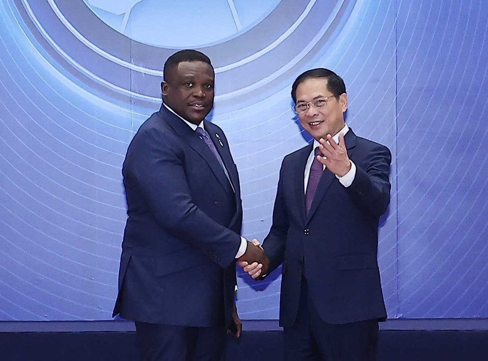 越南政府副总理裴青山于10月25日上午在河内国家会议中心迎接出席《河内公约》开放签署仪式的各国代表团团长。图自越通社