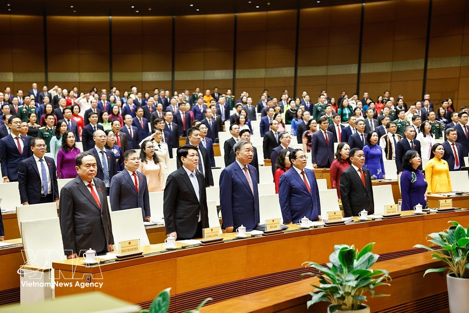第十六届国会第一次会议召开之前举行的向国旗致敬仪式。图自越通社