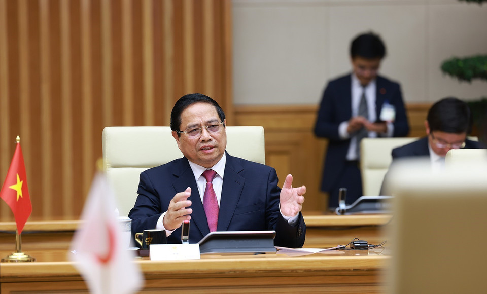 越南政府总理范明政在会谈上发表讲话。图自越通社