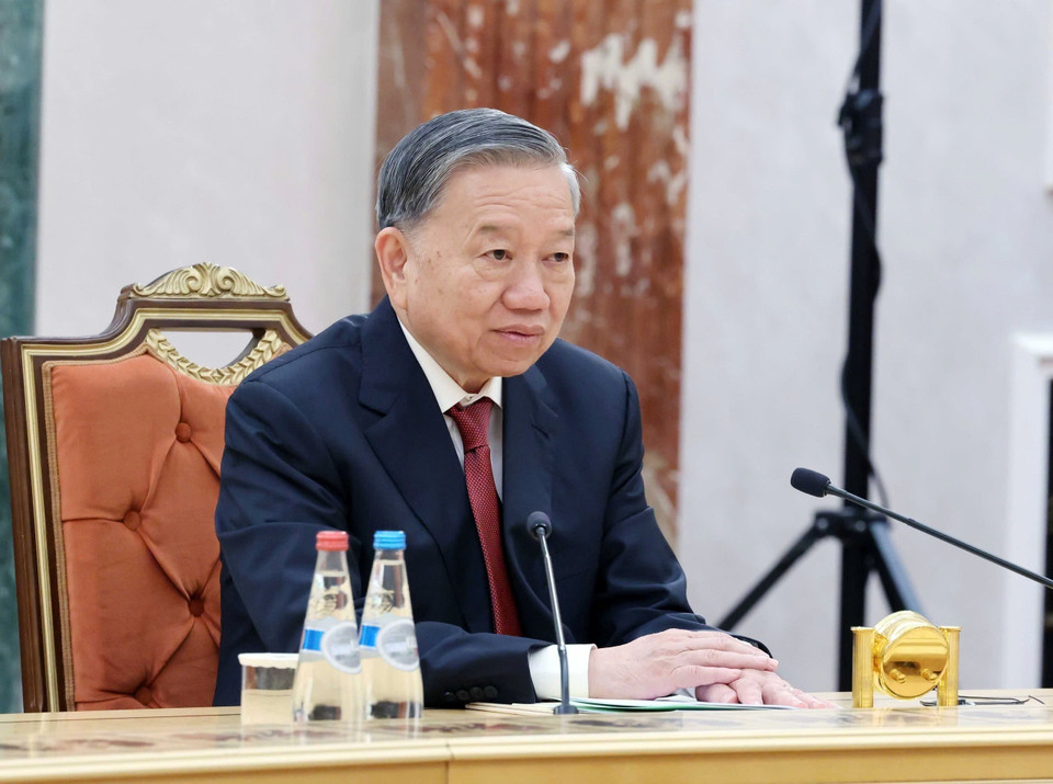 越共中央总书记苏林在会谈上发表讲话。图自越通社