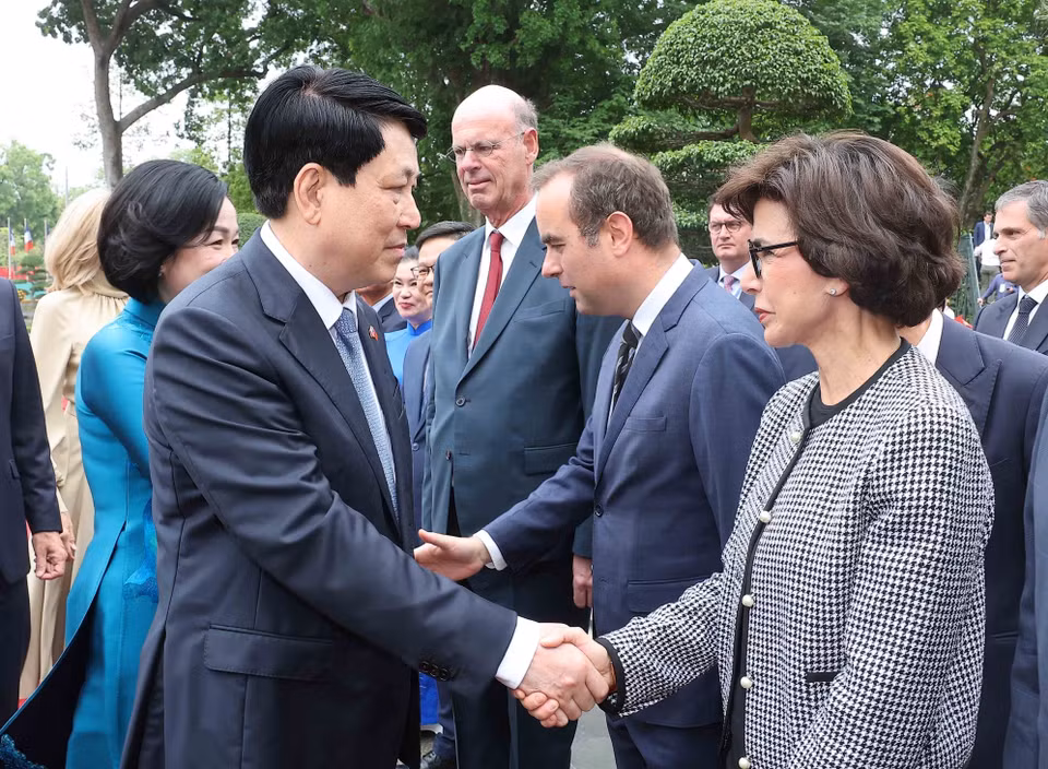 越南国家主席梁强与法国代表团成员握手。图自越通社