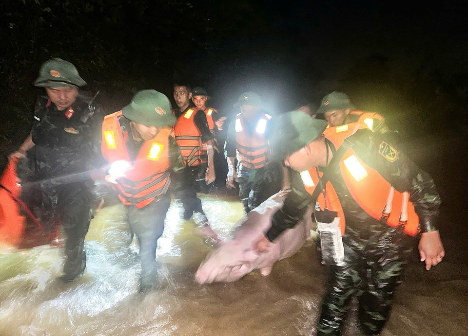 驻守当地的第3师第2团干部、战士通宵值守,支援受灾群众。图自越通社