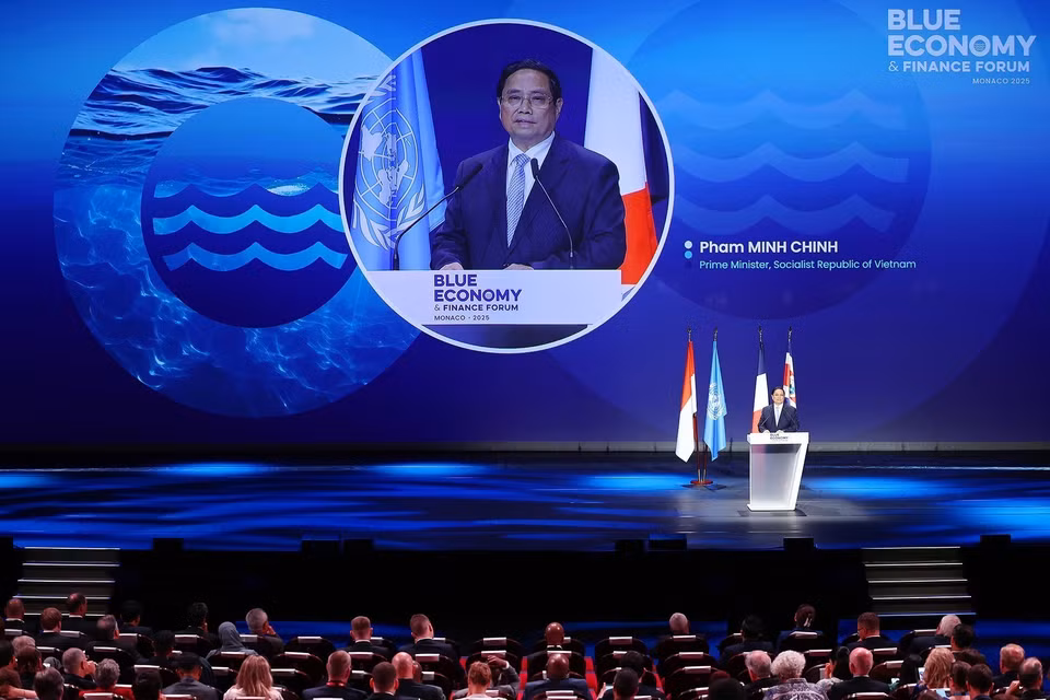 在第三届联合国海洋大会（UNOC 3）框架内，越南政府总理范明政在绿色金融与经济论坛上发表讲话。图自越通社