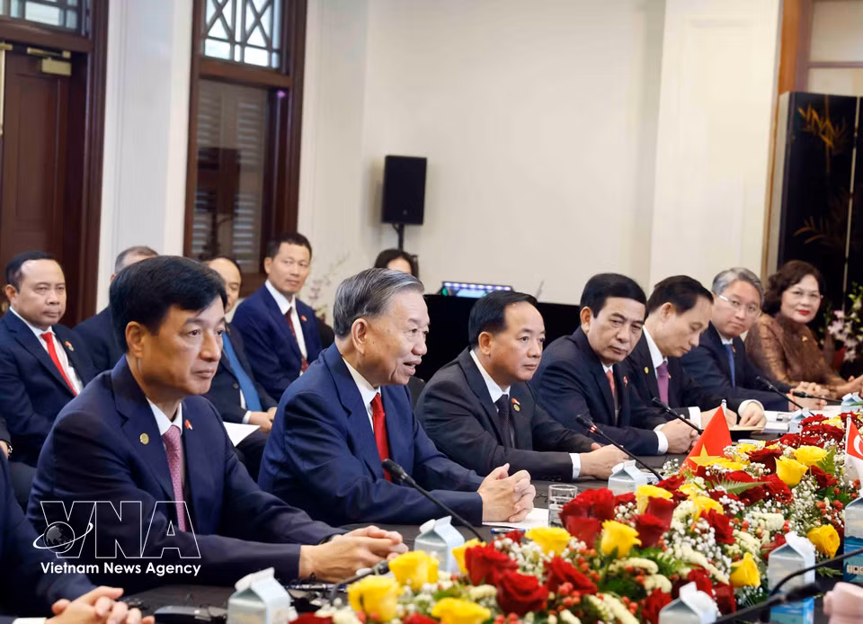 越共中央总书记、国家主席苏林在会谈上发表讲话。图自越通社