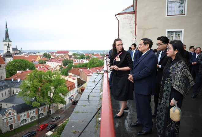 越南政府总理范明政夫妇倾听塔林古城历史的介绍。图自 越通社