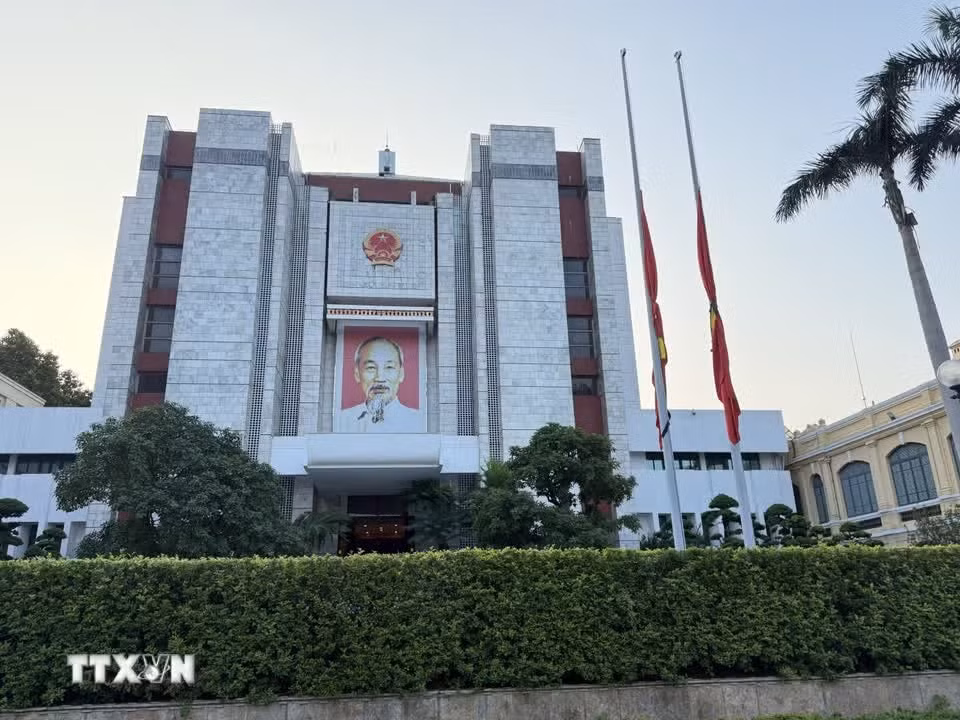 在此期间，全国各机关、单位以及越南驻外代表机构降半旗致哀，并按规定佩戴黑纱；暂停一切公共娱乐活动。图自越通社 ​