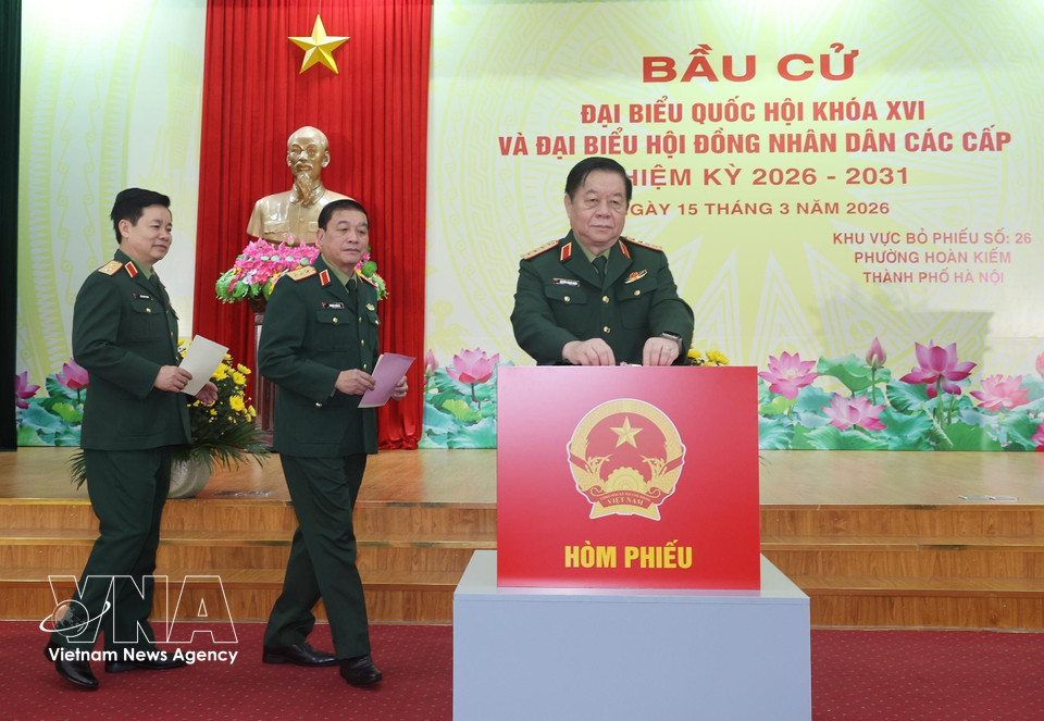 越南各部委行业领导在河内还剑坊第二十六号投票站参加投票。图自越通社