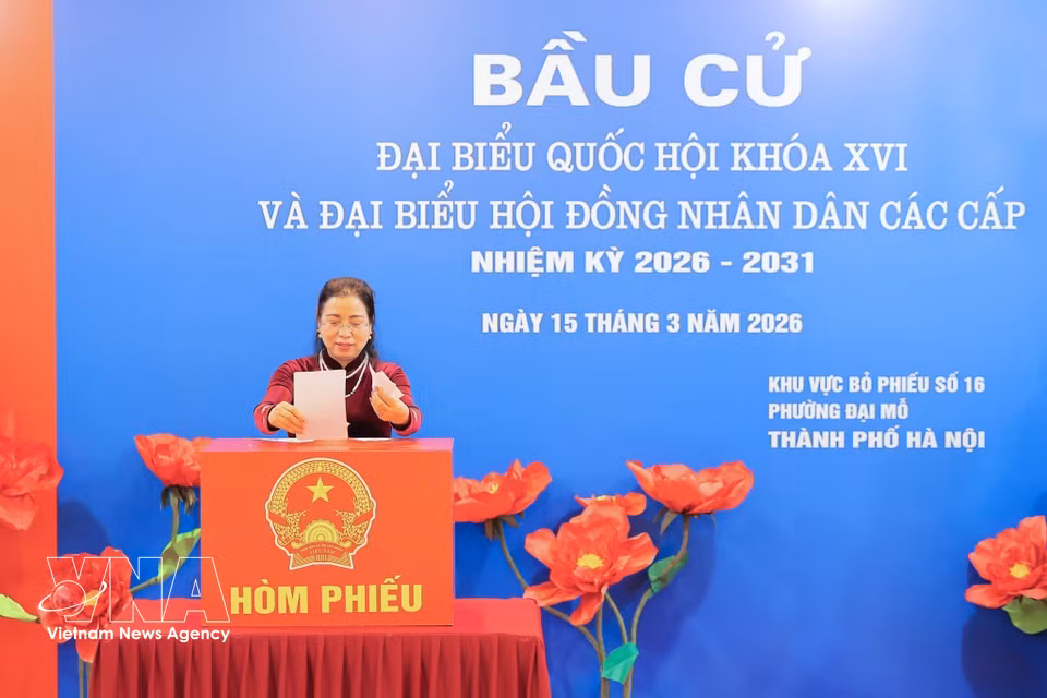 河内市大穆坊第十六号投票站的选民参加投票，行使公民权利和履行公民义务。图自越通社