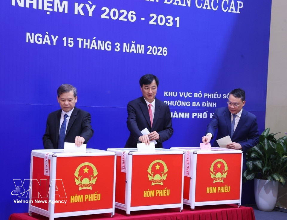 越南各部委行业领导在河内巴廷坊第二号投票站参加投票。图自越通社