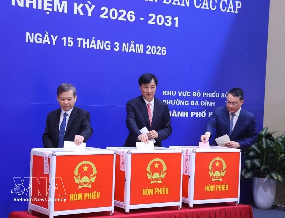 越南各部委行业领导在河内巴廷坊第二号投票站参加投票。图自越通社