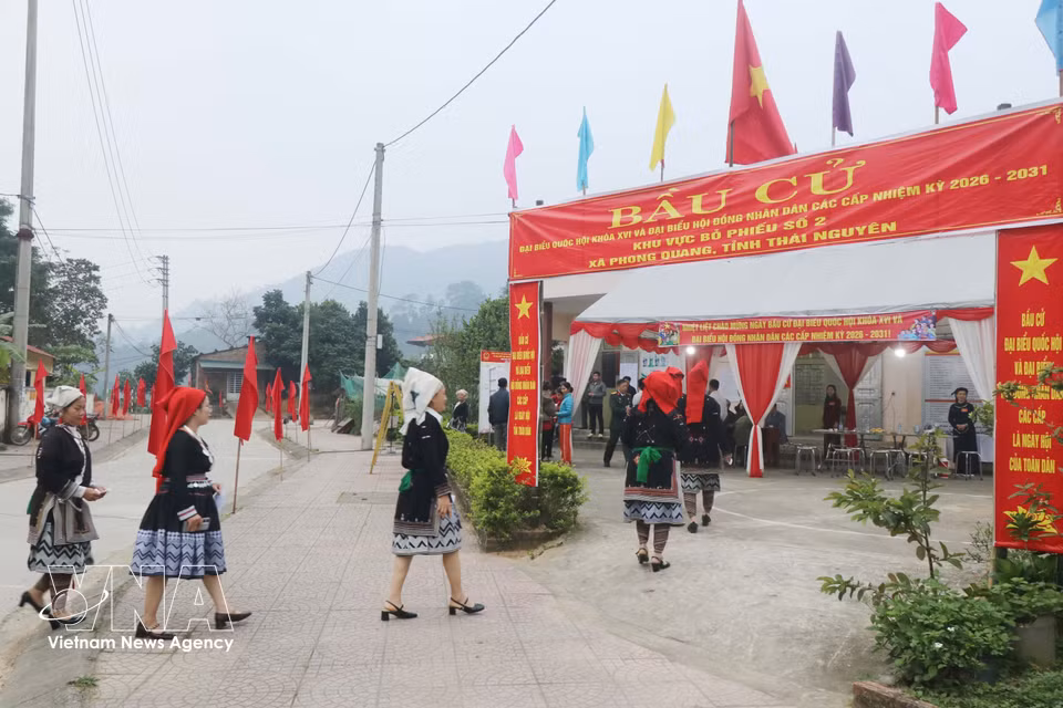 太原省丰光乡第二号投票站的选民从各条道路汇聚而来，踊跃前往投票站行使公民权利。图自越通社