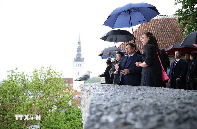 越南政府总理范明政夫妇倾听塔林古城历史的介绍。图自 越通社
