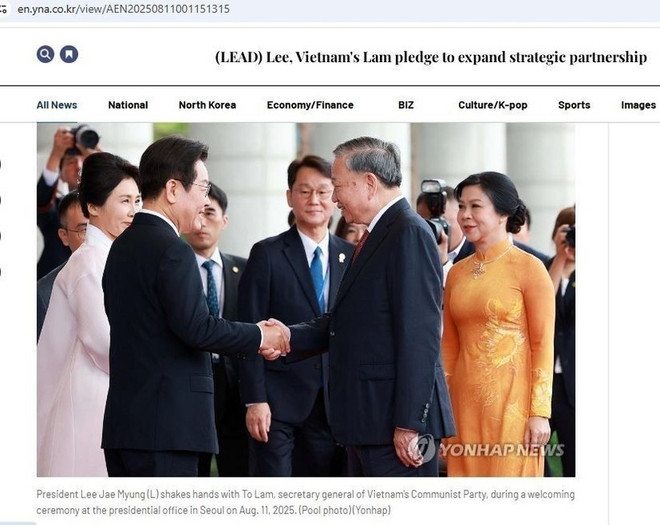 2025年8月11日,韩联社网站刊登了关于越共中央总书记苏林与韩国总统李在明会晤的文章。图自越通社 vna-potal-truyen-thong-han-quoc-dua-tin-ve-chuyen-tham-cua-tong-bi-thu-to-lam-8205091.jpg