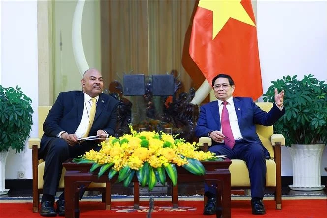 范明政总理会见坦桑尼亚外交和东非合作部部长马哈茂德。图自越通社