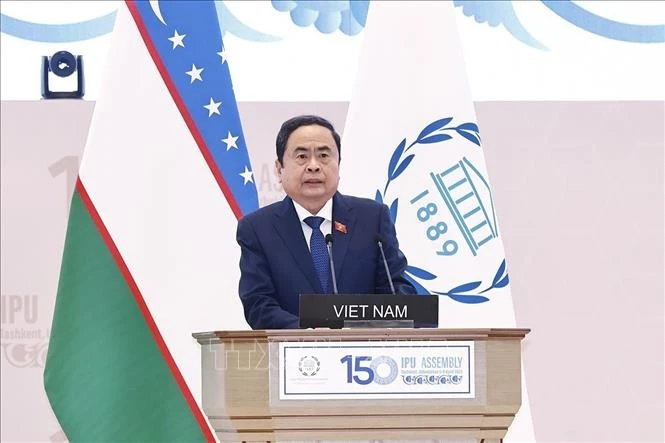 陈青敏在第150届各国议会联盟大会全体会议上发表的重要讲话。图自越通社