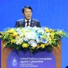 越共中央政治局委员、公安部部长梁三光大将发表讲话。图自越通社