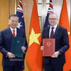 越共中央总书记、国家主席苏林与澳大利亚总理安东尼·阿尔巴尼斯移交联合声明。图自越通社
