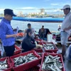 寿光渔港管理队工作人员在渔船抵达港口时检查渔获量。图自越通社