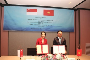 越南与新加坡《大米贸易合作备忘录》（MOC）签字仪式。图自越通社