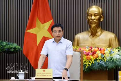 越南政府副总理阮文胜在会议上发表讲话。图:越通社发