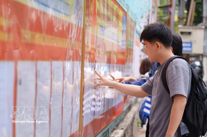 岘港技术教育大学的大学生们正在研究学校张贴的候选人名单。图自越通社