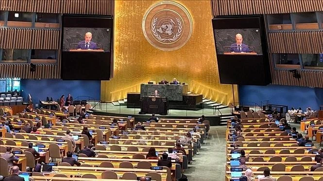 越南常驻联合国代表团副团长阮黄原公使在会上发表讲话。（图片来源：越通社）