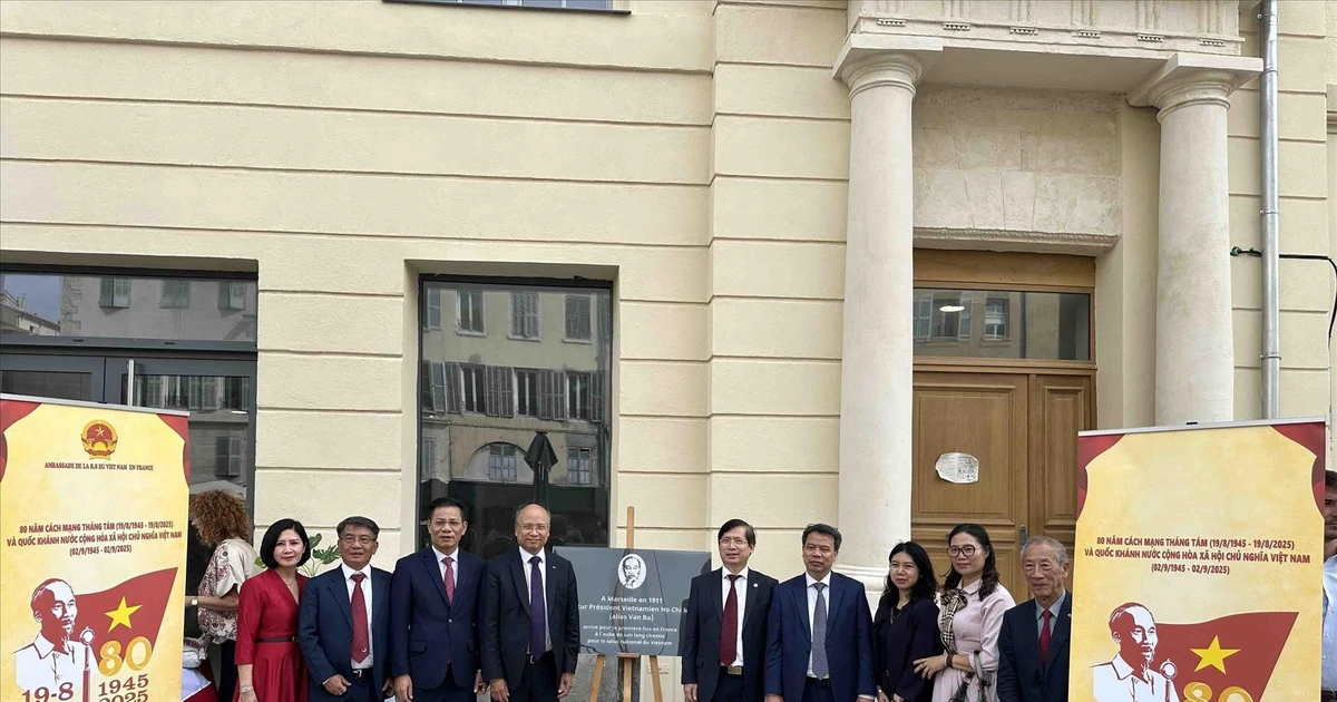 越南驻法国大使出席马赛报广场胡志明主席纪念牌匾换发仪式。（图片来源：越通社）