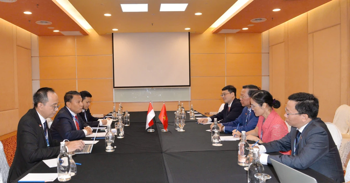 越南国会经济与财政委员会主任潘文买会见印尼代表团团长、印度尼西亚国会跨议会合作委员会主席马尔达尼·阿里·塞拉。（图片来源：《人民代表报》） 