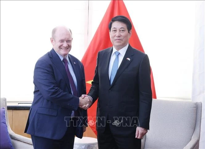 越南国家主席会见美国参议院外交事务委员会领导、美国参议员克里斯·库恩斯。（图片来源：越通社）