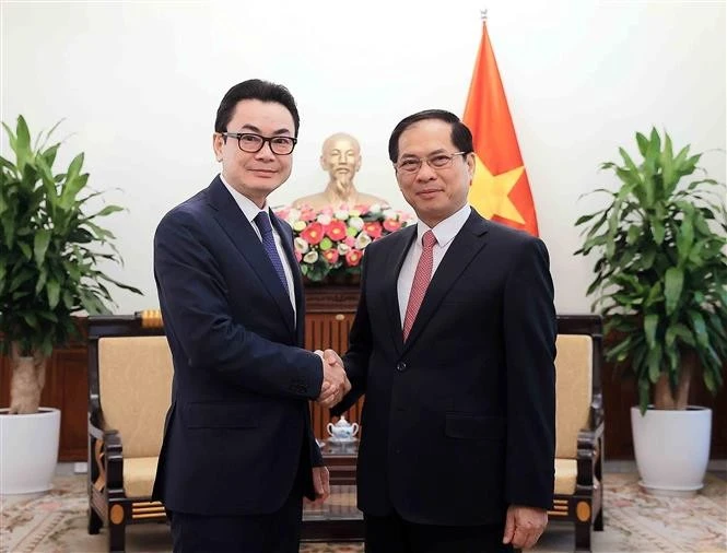 越南政府副总理兼外长裴青山会见柬埔寨国际合作部国务秘书昂·拉查纳。