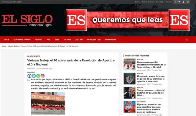 智利共产党机关报《世纪报》（El Siglo）9月3日刊登长文，详细介绍在河内巴亭广场举行的国庆庆典、阅兵和群众游行盛况。（图片来源：越通社屏幕截图）