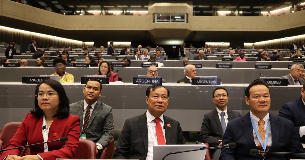 越共中央委员、国会国防安全与对外委员会主任黎晋进和越南代表团出席会议。（图片来源：越通社）