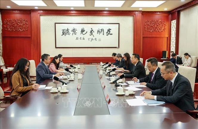 越南驻华大使范清平会见中共中央宣传部副部长王纲。（图片来源：越通社）