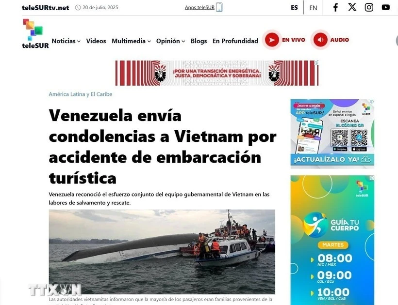 委内瑞拉及拉丁美洲地区最大的电视台之一teleSURE电子门户网站上发布慰问内容。（图片来源：越通社）