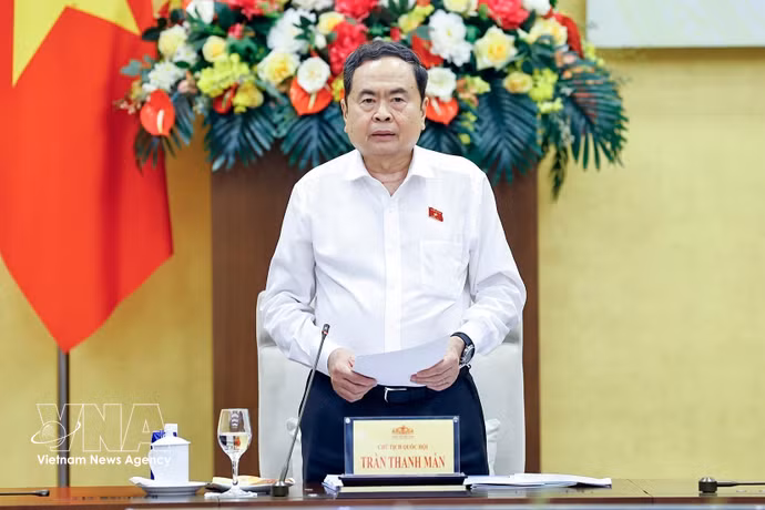 越南国会主席陈青敏在会上发表讲话。图自越通社