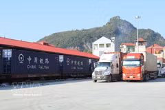 通过谅山省同登国际铁路车站口岸的进出口货物运输车辆。图自越通社