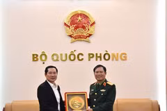 阮新疆大将会见老挝人民军总参谋长。图自越通社