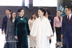 越共中央总书记、国家主席苏林夫人与中共中央总书记、国家主席夫人会面交流。图自越通社