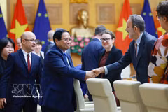 越南政府总理范明政在政府驻地会见欧盟及欧盟成员国驻河内大使及临时代办。图自越通社