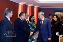 越共中央总书记、国家主席苏林与夫人会见越南与中国将领家属、专家及友好人士代表。图自越通社