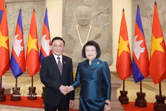 越共中央书记处常务书记陈锦秀会见柬埔寨国会主席昆索达莉亲王。图自越通社