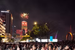 胡志明市五彩烟花盛放，庆祝祖国统一51周年。图自越通社