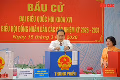 越南国会主席、国家选举委员会主席陈青敏在胡志明市旭门乡第14号投票站行使公民权利。图自越通社