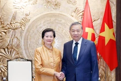 越共中央总书记苏林会见柬埔寨驻越大使谢金塔。图自越通社